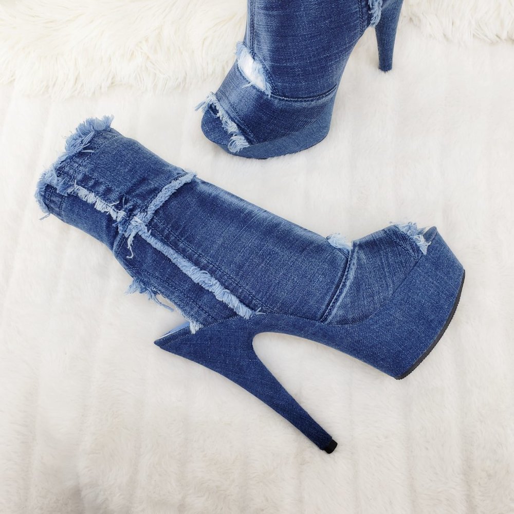 Stretch Denim Frayed Trim Ankle Boots 6" Heels_5